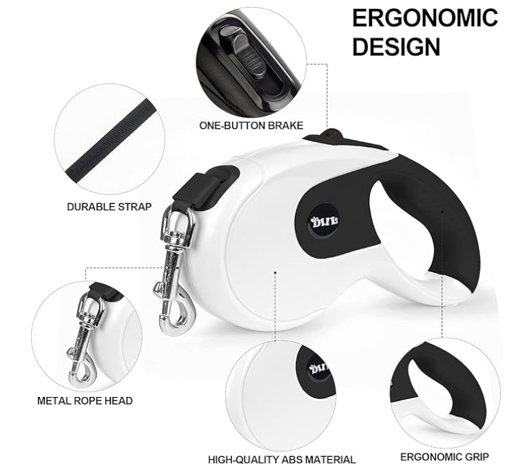 Das ergonomische Design für gute Handhabung der 5 Meter Flexileine mit Karabinahaken, Nylonleine und Stop-Knopf.